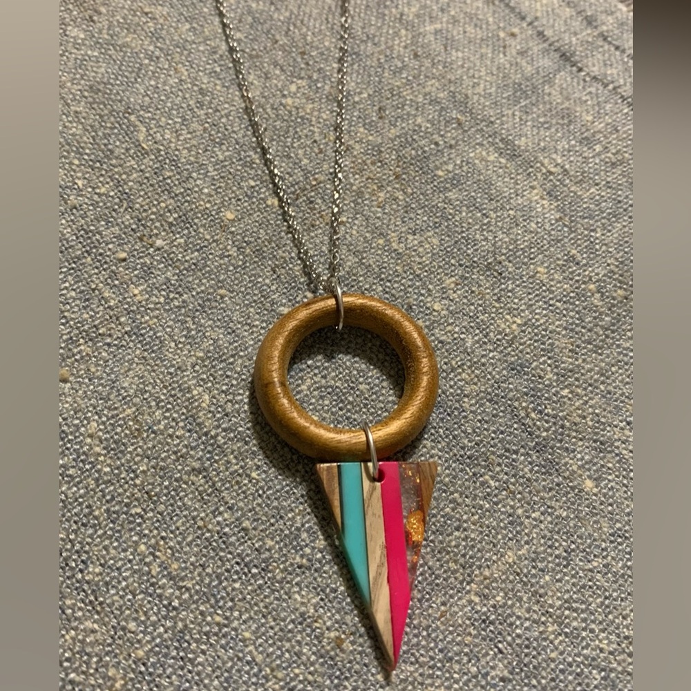 Wooden Circle Pendant Necklace with Pink and Turquoise Accents. Handmade